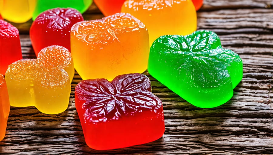 Assorted THC gummies displayed on a table