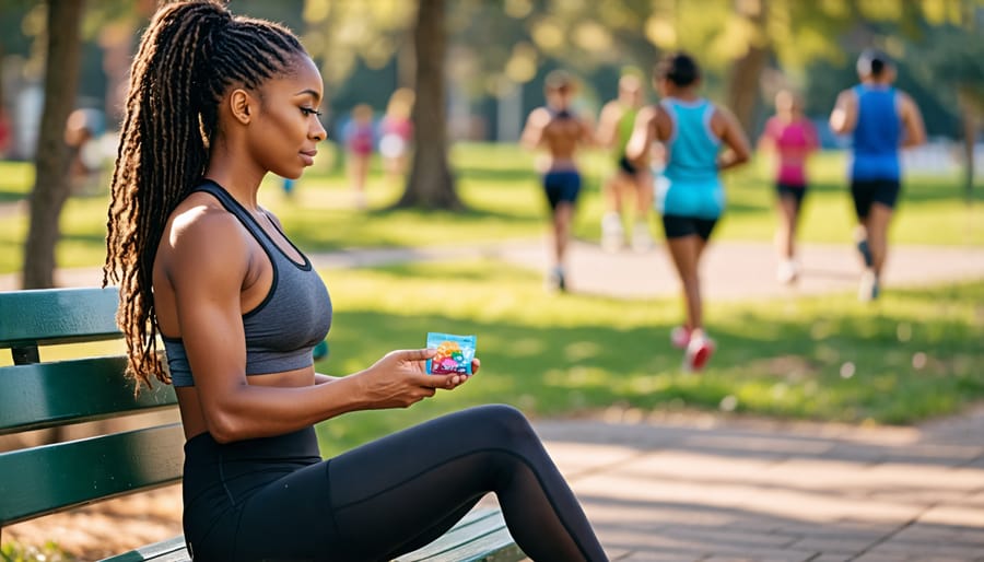 An athlete in workout attire taking a peaceful break on a park bench while holding a packet of THC gummies, symbolizing wellness and relaxation.