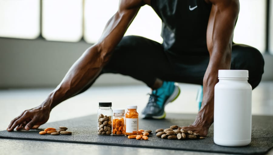 Athlete performing recovery stretches with natural supplements including kratom powder in frame