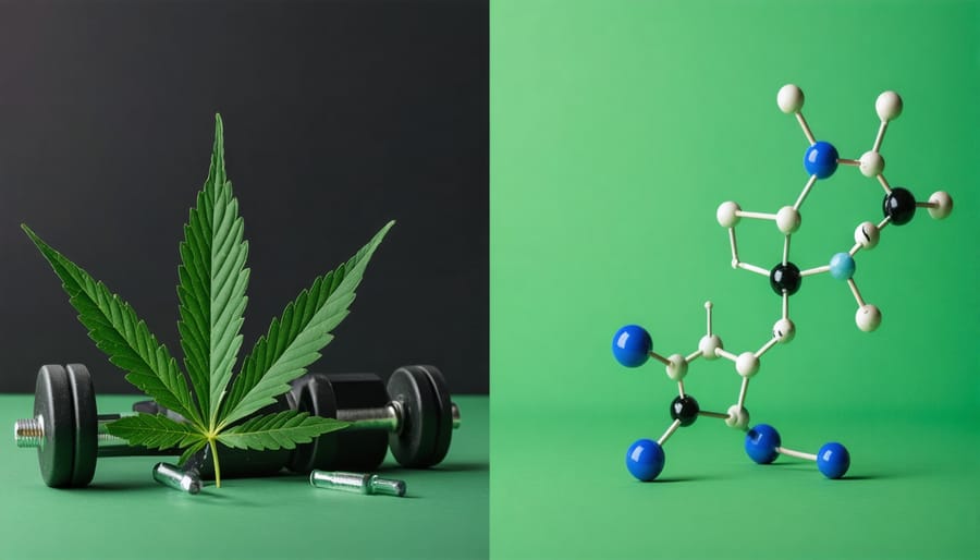 Comparison of CBD and THC molecular structures overlaid on sports equipment