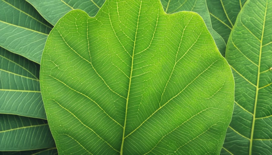 Fresh kratom leaves displaying characteristic red veins and glossy surface